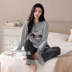 带胸垫纯棉睡衣女2025年新款春秋季圆领长袖可外穿休闲家居服套装