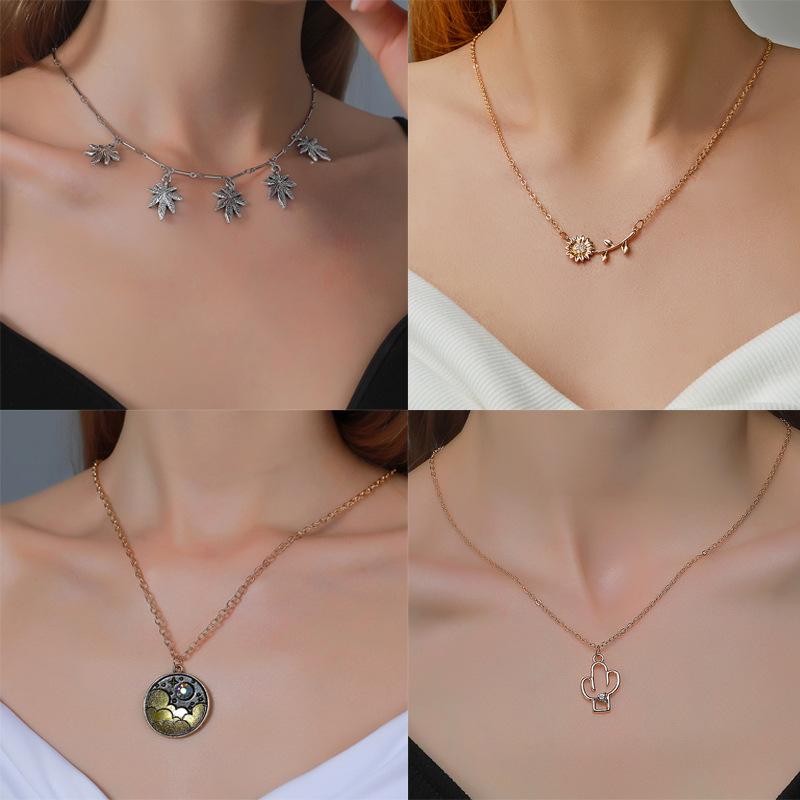 Hot sellg sunflower necklace, female personality, temperament alloy, maple leaf cactus collarbone cha, wd neck_voghion.com