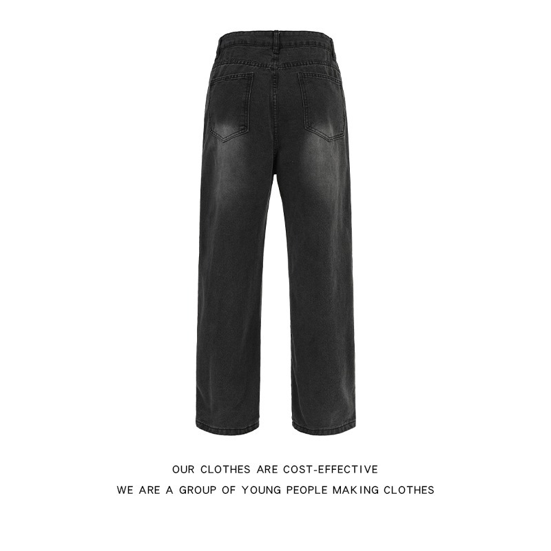 Men's Retro Patchwork Curved Blade Jeans mid Waist Loose Straight Leg Slightly Flared Pants Autumn/Winter American Style Blue_mkmklike.com
