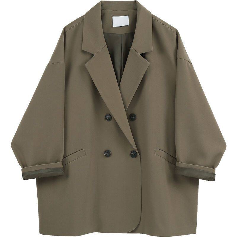 Áo blazer nữ dáng rộng cổ vest tay dài phong cách thanh lịch — quần kaki, đen, Bông đen, Kaki và bông chi tiết 1