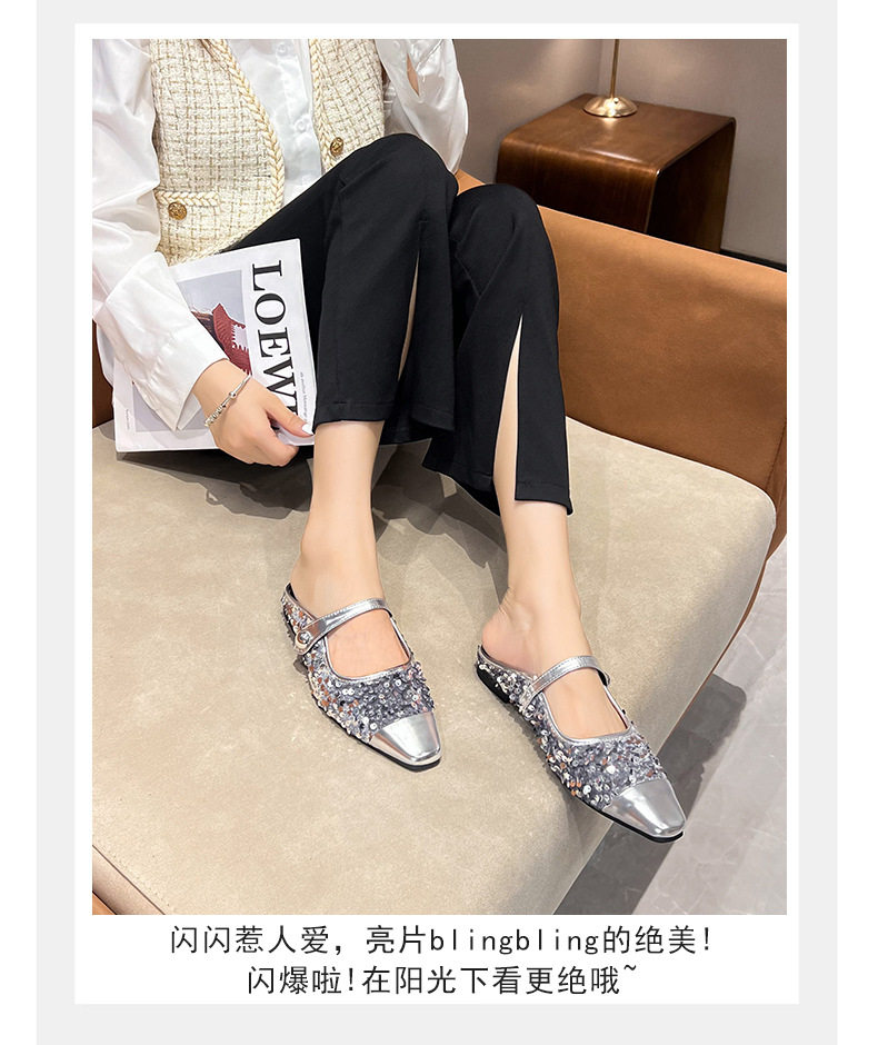 Dép mule sandal nữ bít mũi vuông quai ngang đính sequin lấp lánh, gót thấp 1–3 cm — Màu bạc, Màu đen chi tiết 14