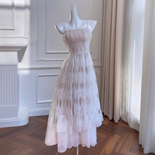 轻奢重工菱形格镂空欧根纱吊带礼服性感露背亮片网纱连衣裙 68273