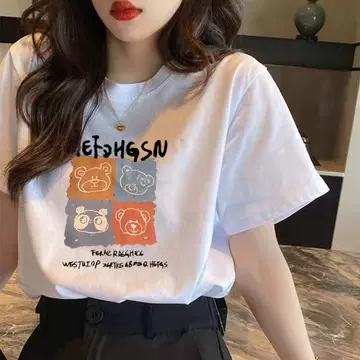 Pure Cotton Short-sleeved T-shirt Women's Summer New Loose Korean Style White Round Neck Printed Half-sleeved T-shirt Casual Top Stall - ShopShipShake