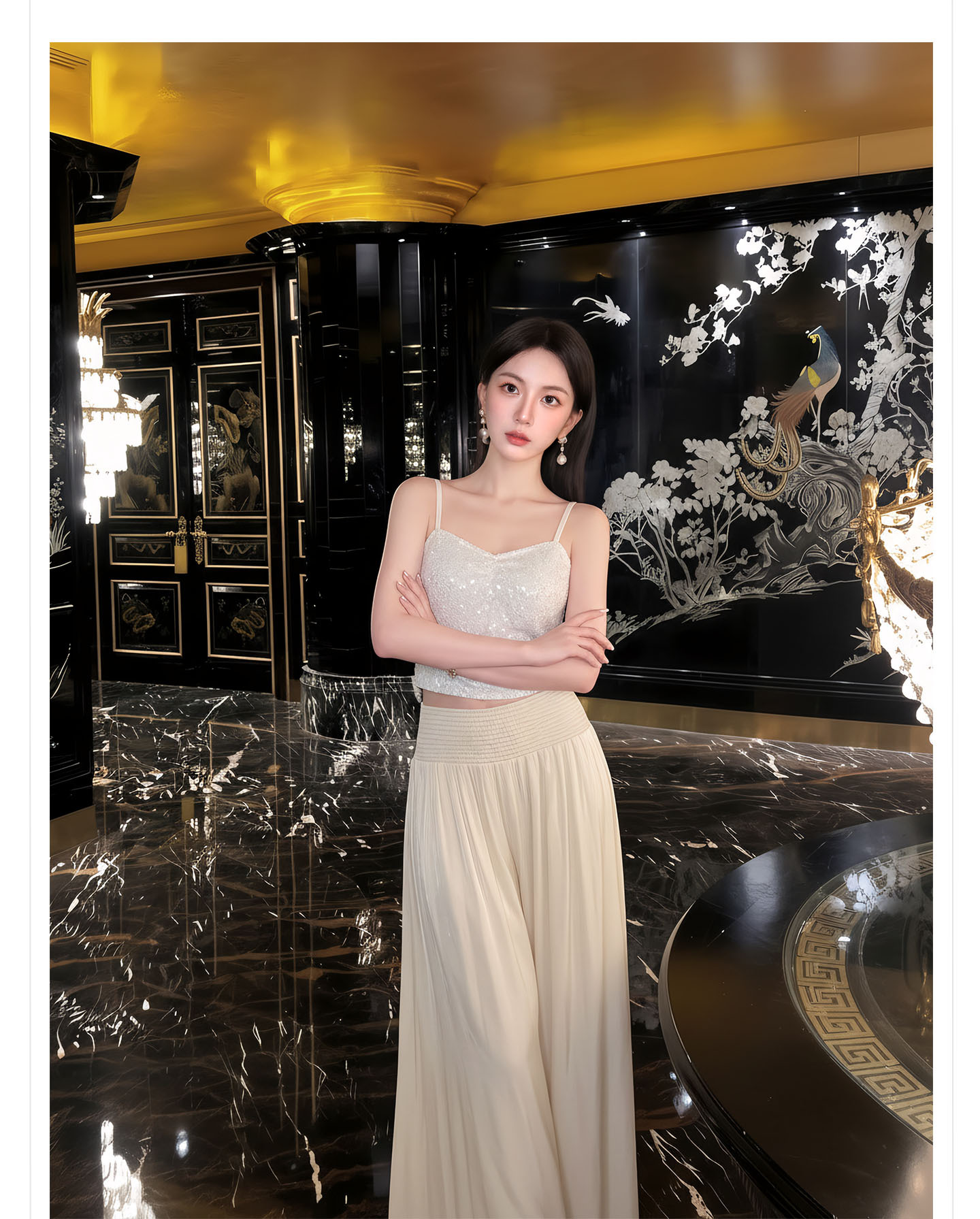 Bộ đầm maxi thắt eo phong cách quốc phong cao cấp — Gạo trắng Sling, bộ đồ, Quần dài màu hạnh chi tiết 2