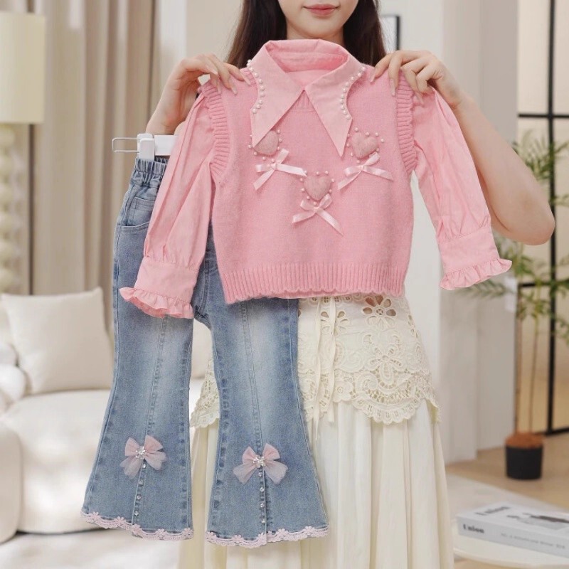 2025女童套装秋季新款感千金风粉色爱心马甲衬衫牛仔裤三件套|undefined