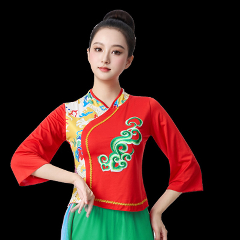 广场舞服装套装春夏陕北秧歌舞女腰鼓伞舞表演服民族风演出服长袖|undefined