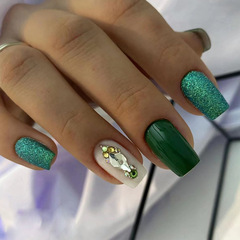 Spring and summer sparkling fresh green diamond wearable nails medium-length European and American hot girls fake nails square manicure pieces
