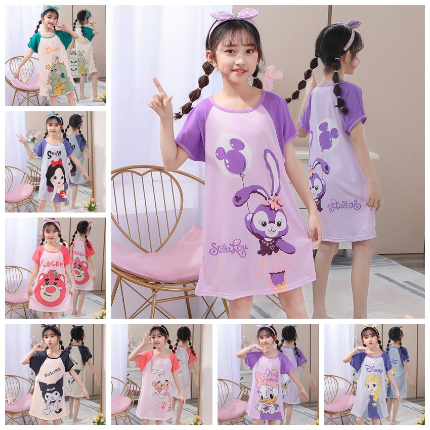 Children's Summer Short-Sleeve Pajamas for Girls and Toddlers, Lightweight Cartoon Nightgowns for Young Girls, Family Wear for Big Kids