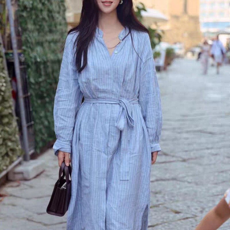 Zhu Zhu's Same Style Blue Cotton and Linen Stripesd Shirt Dress Women's Mid-Length Loose Lazy Style Lace-Up Slim Skirt