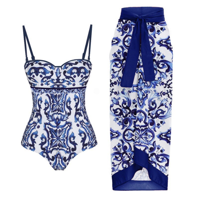 Women's One Piece Swimsuit Blue And White Porcelain Print European American Style Trendy Swimwear_ecoleips.com