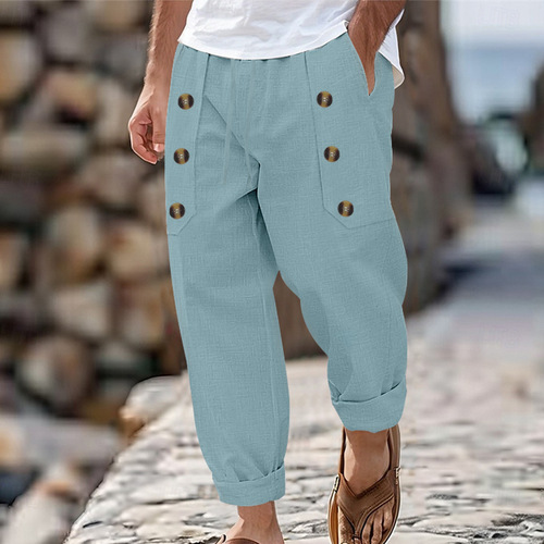 Best-selling cross-border independent station American casual Hawaiian beach men's casual multi-button cotton linen loose pants for men