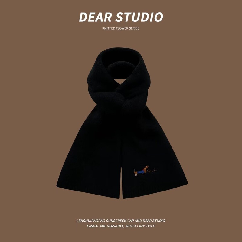 Japanese-Style Cute Dachshund Embroidered Wool Scarf for Women, Autumn and Winter, Student, Warm, Solid Color, Versatile Knitted Neck Warmer, Trendy Japanese-Style Cute Dachshund Embroidered Wool Scarf for Women, Autumn and Winter, Student, Warm, Solid Color, Versatile Knitted Neck Warmer, Trendy