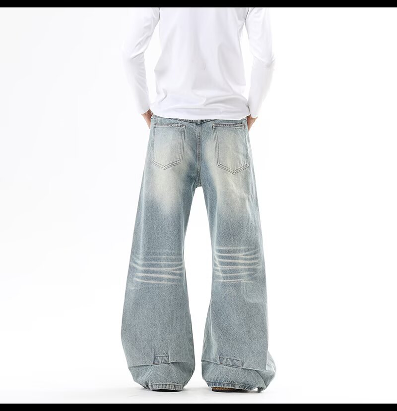 Vintage Washed Straight Leg Jeans For Men And Women, Comfort Fit Denim Trousers With Classic Whiskering, Retro High-Street Style_viptrois.com