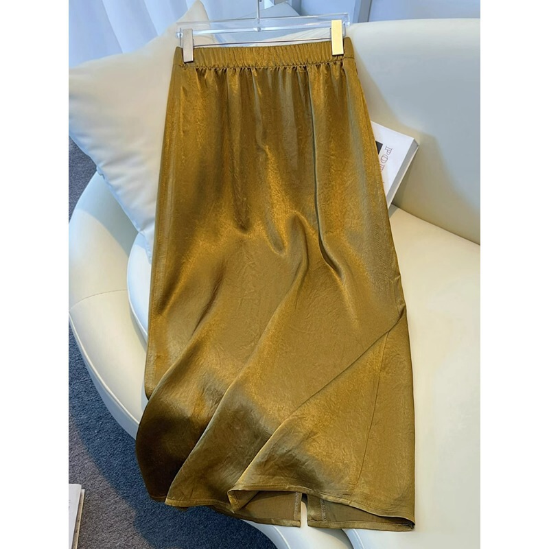 Gilded Acetate Skirt Women's Summer Thin 2025 New Satin Draped A-Line Mid-Length Hip-Hugging Skirt