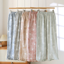 春秋新款长裤加大码家居裤圆点木耳边长裤亚麻四季款女士睡裤棉麻