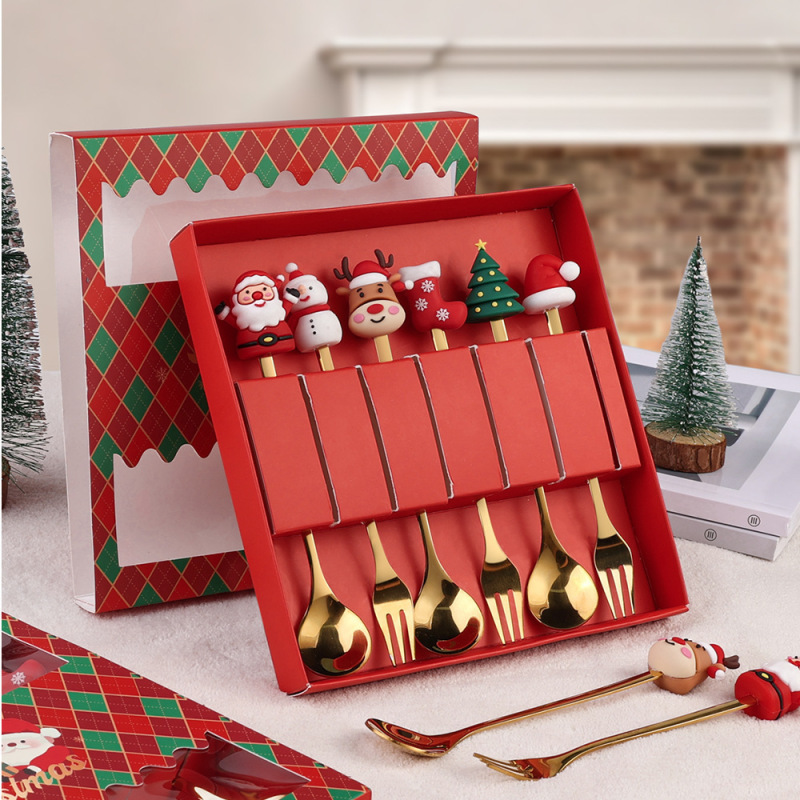 クロスボーダーステンレス鋼クリスマススプーンフォークセットクリエイティブギフト食器フルーツフォークかわいいクリスマスツリー雪だるまコーヒースプーン|undefined