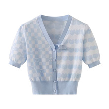 东莞大朗毛衣工厂夏季浅蓝色格纹v领短袖针织衫女修身开衫上衣