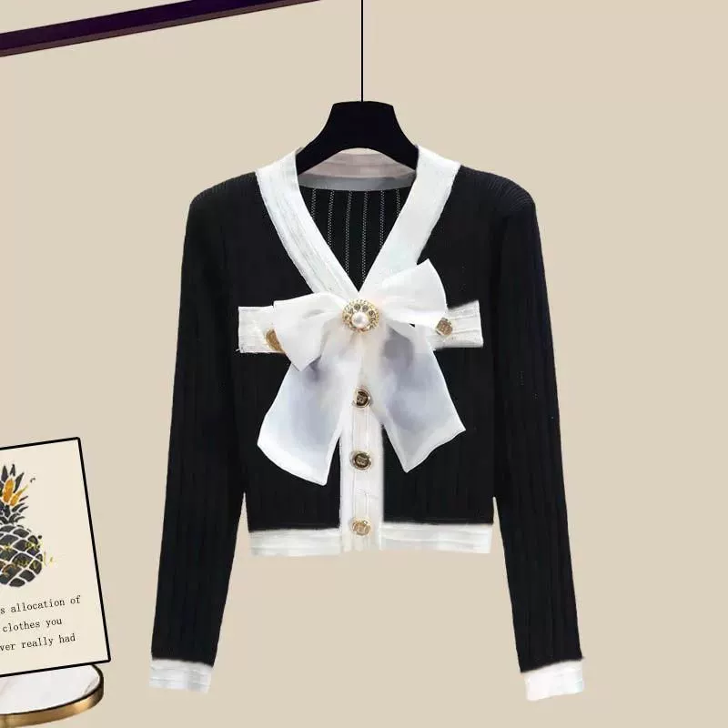 Autumn set, knitted sweater with bow, plus size, Chanel style