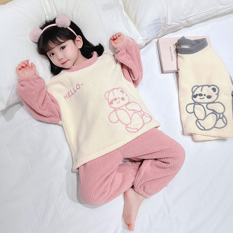 어린 소녀 귀여운 곰 홈 옷 가을과 겨울 기모 한국 소녀 눈 벨벳 잠옷 세트 홈 스타일