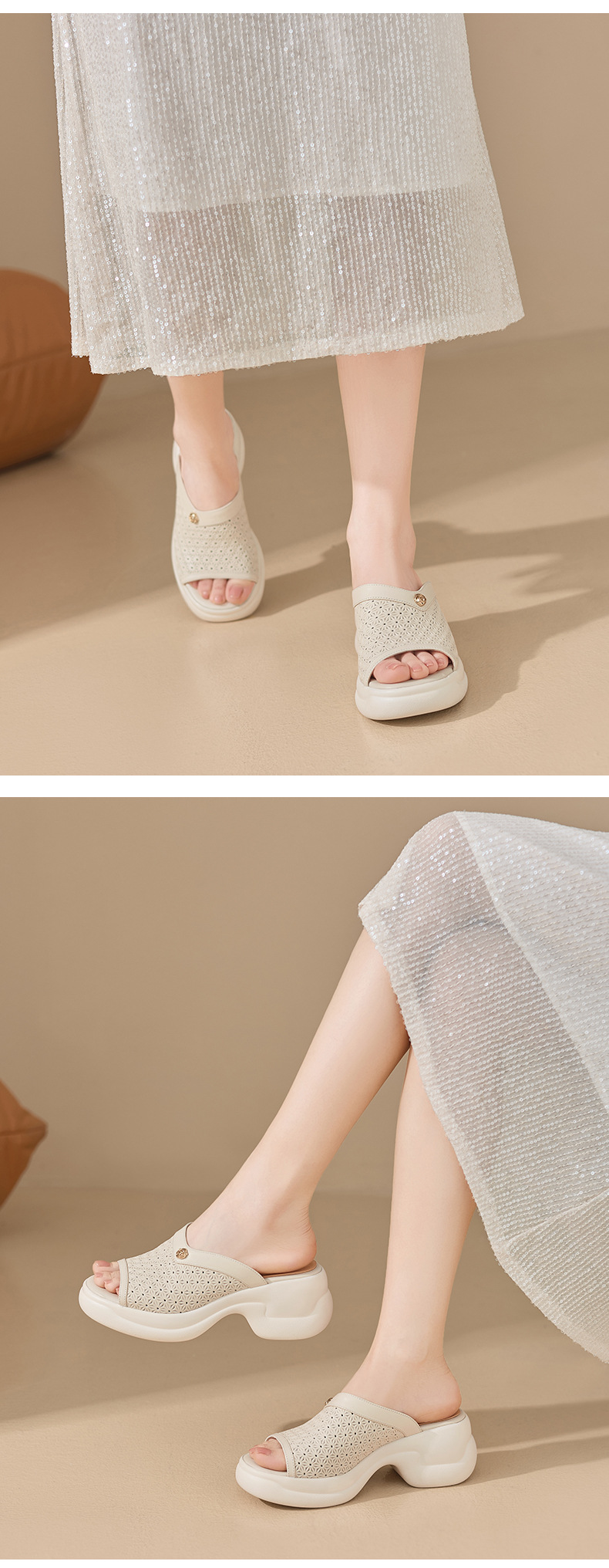 Sandal cao gót nữ mũi hở đế dày 6,5 cm phong cách đơn giản — màu trắng ngà chi tiết 5