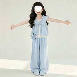 女童套装2026夏季款甜美洋气飞袖假两件上衣长裤两件套儿童清新装