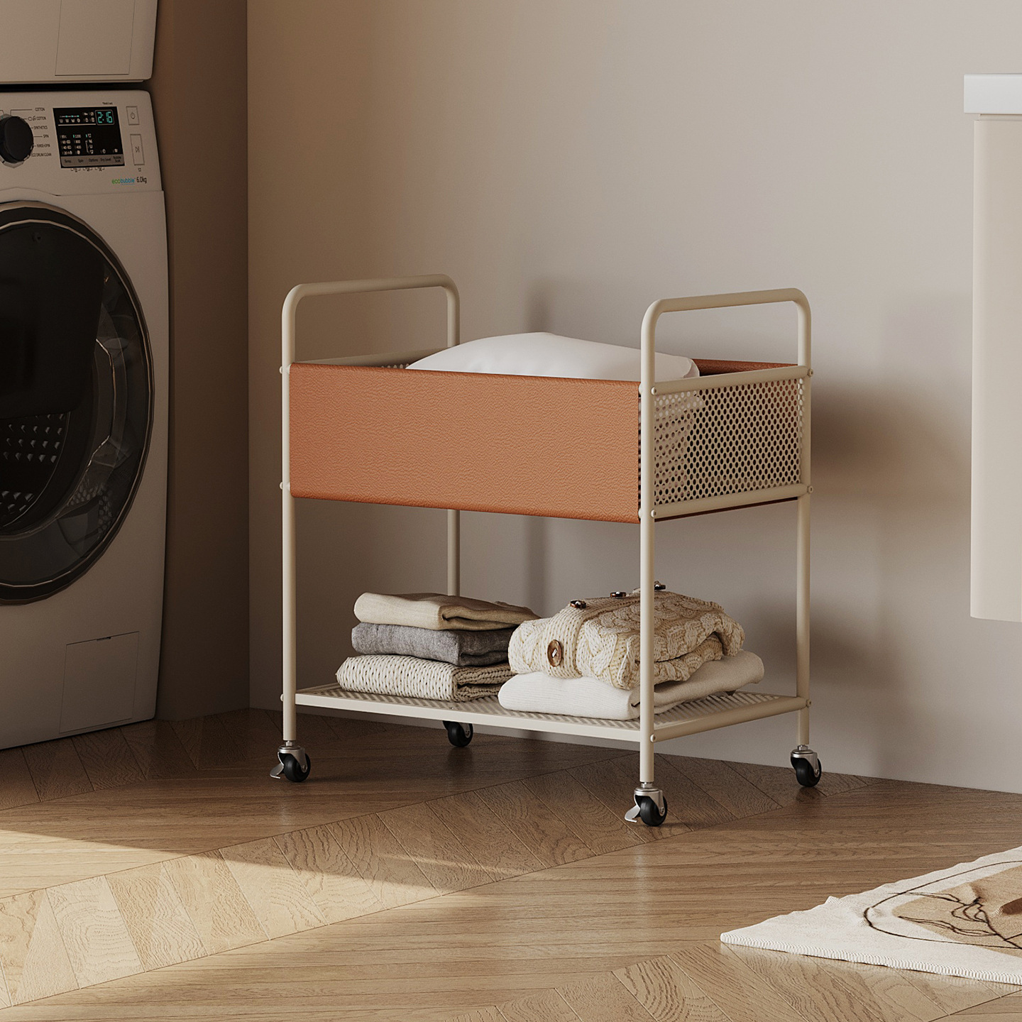 Wheeled Household Dirty Clothes Basket Double-Layer Dirty Clothes Storage Trolley Bathroom Toilet Mobile Laundry Basket Storage Rack