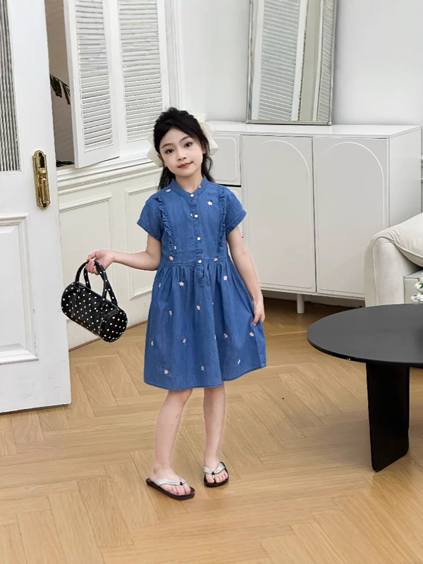 女の子ドレス 2025 夏の新スタイルヨーロッパとアメリカの子供カジュアル刺繍西洋スタイル少女デニムプリンセスドレス|undefined