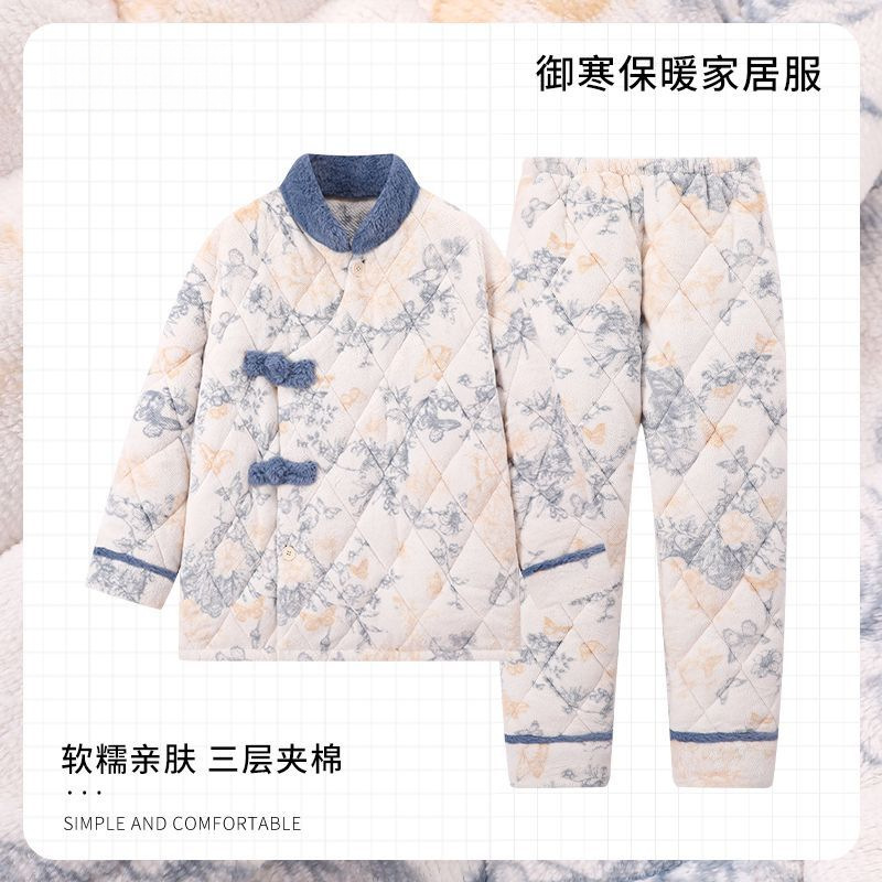 新中式睡衣女冬季加绒厚珊瑚绒三层夹棉袄保暖法兰绒家居服外穿