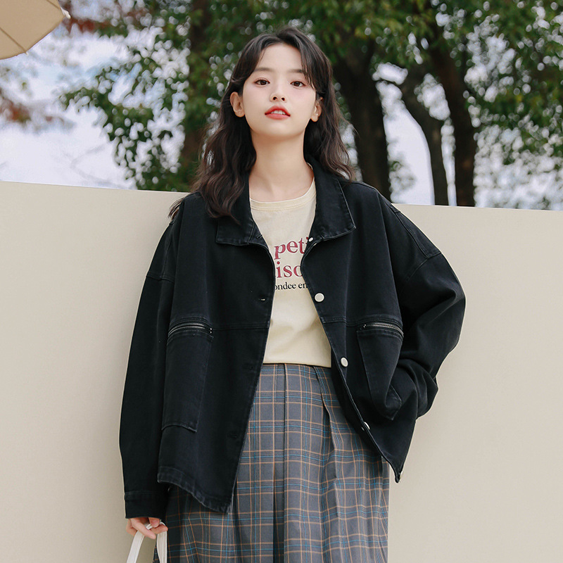 复古港风情侣款工装黑色牛仔外套女2025秋冬新款个性拉链翻领夹克|undefined