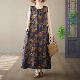 实拍跨境2026新款圆领无袖大码长裙印花夏季加肥加大外贸连衣裙