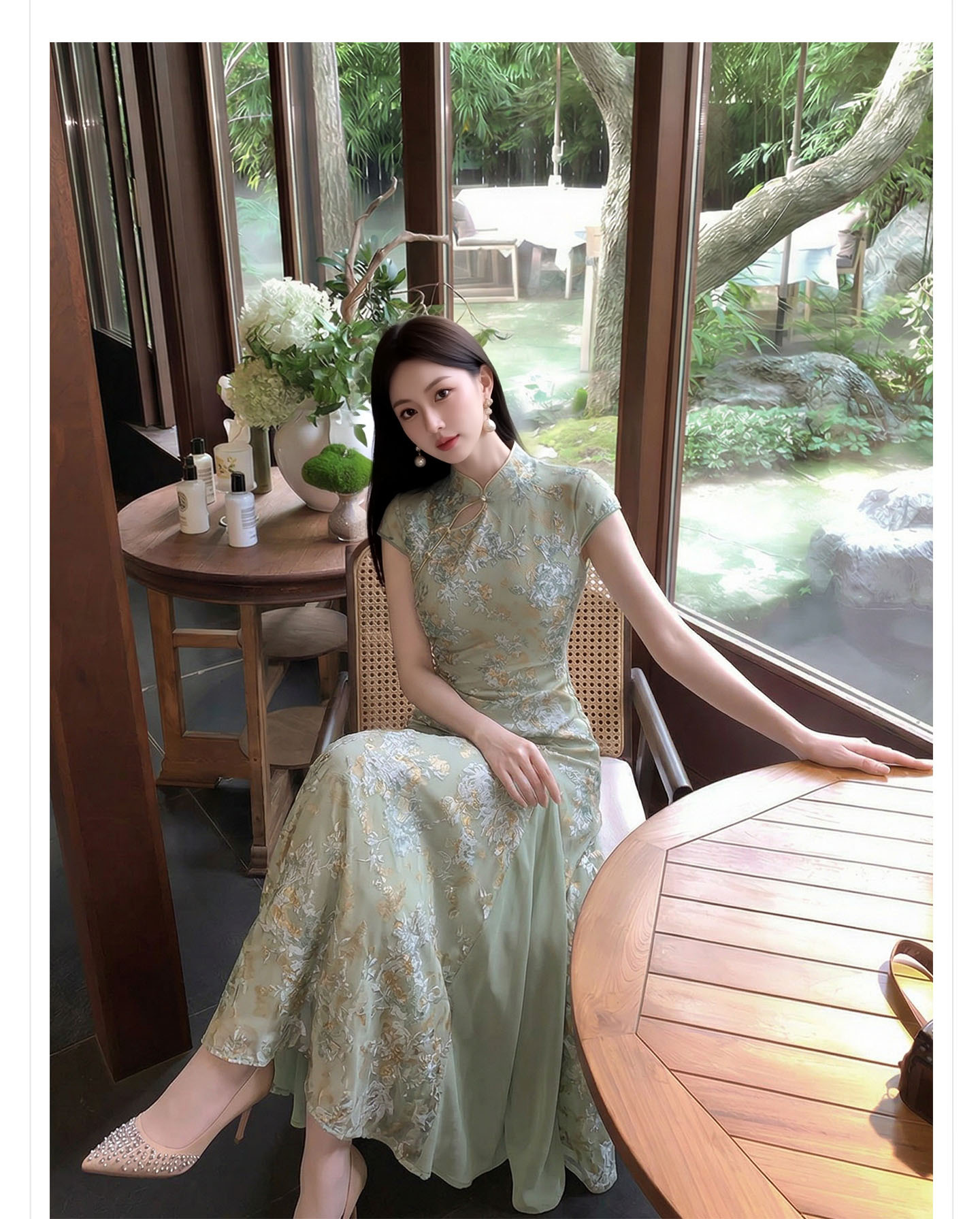 Đầm maxi nữ cổ đứng ren hoa thêu tay dài — Xanh lá cây nhạtcolor chi tiết 5