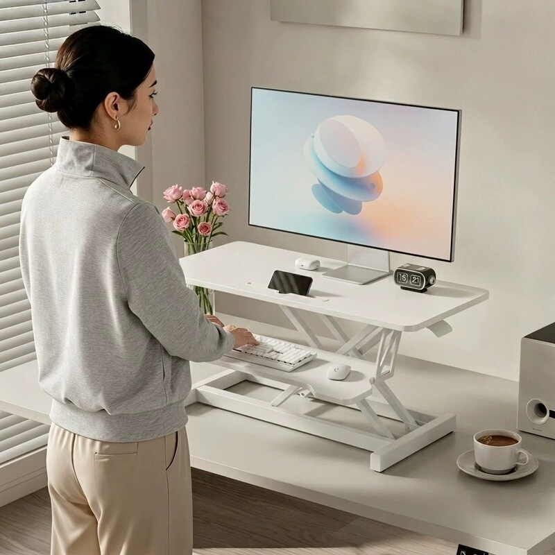 Standing Work Desk with Solid Wood Tabletop, Foldable Stand, Office Workstation, Monitor Riser, Computer Height-Adjustable Desk Standing Work Desk with Solid Wood Tabletop, Foldable Stand, Office Workstation, Monitor Riser, Computer Height-Adjustable Desk