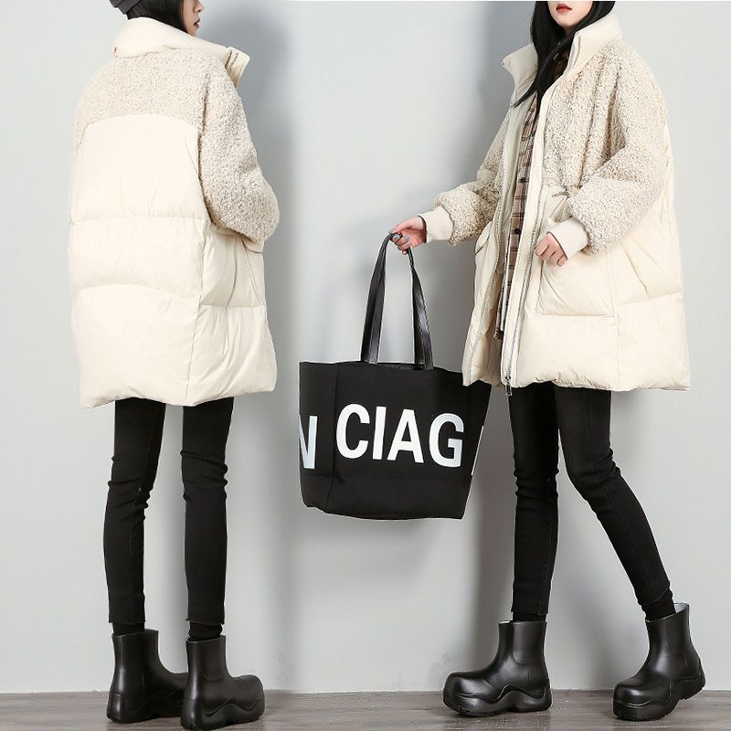 Women's Clothing padded jacket mid length winter fashion splicing lamb wool cotton coat loose large size warm all match cotton coat for women_voghion.com
