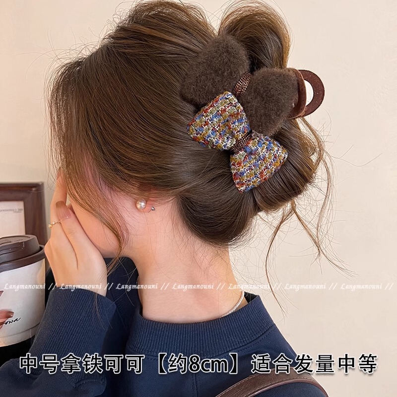 小香风ab双面蝴蝶结毛绒抓夹女后脑勺高级感盘发夹鲨鱼夹头饰发卡|undefined