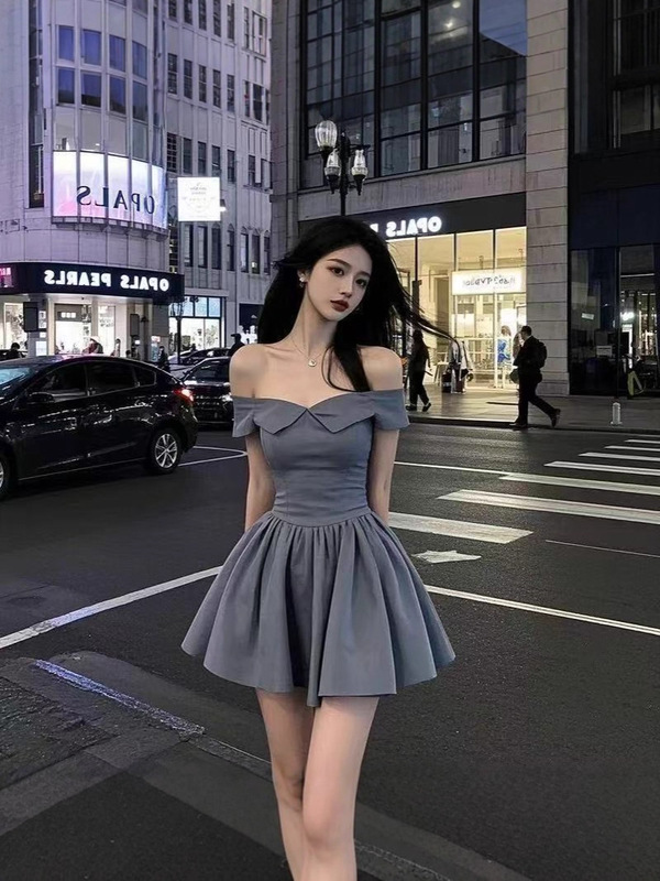 新款法式设计抹胸气质夏季辣妹一字连衣裙收腰显瘦高级蓬蓬礼服|undefined