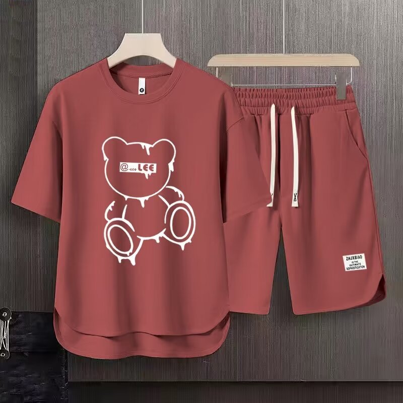 Men's Clothing 2024 Waffle Casual Summer Suit Men's Loose Teen Short sleeved T shirt Shorts Handsome Two piece Suit_ipsvogv.com