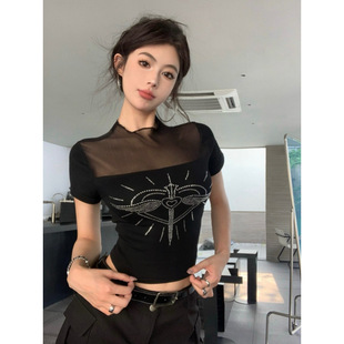 Real Shot Real Price Summer Sexy Hot Girl Style Stand Collar Splicing Mesh Heart Hot Diamond Short Short-Sleeved T-Shirt See-Through Top