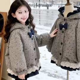女童碎花加绒外套冬季新款保暖棉服外套女宝宝时尚加厚连帽上衣潮