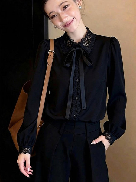 Retro lace spring black elegant shirt with bow