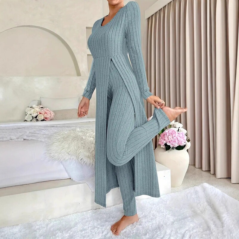 2026 In-stock European and American cross-border independent site temu Amazon new design round-neck slit long-sleeve two-piece set