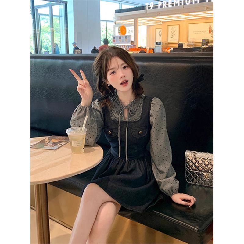 ChicShe Jeansanzug im französischen Stil für Damen, Herbstbluse mit Polka-Dots und Schnürung, sexy Tankkleid im Vintage-Look_voghion.com