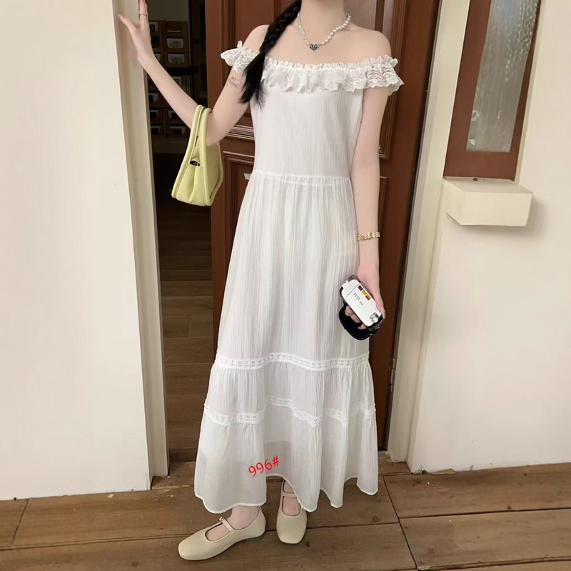 夏季法式复古仙气小飞袖蕾丝边蝴蝶结蓝色连衣裙女学生收腰A字裙|undefined