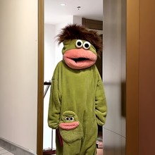 卡通大嘴怪搞笑连体情侣睡衣男女冬季沙雕加厚珊瑚绒家居服带梳子