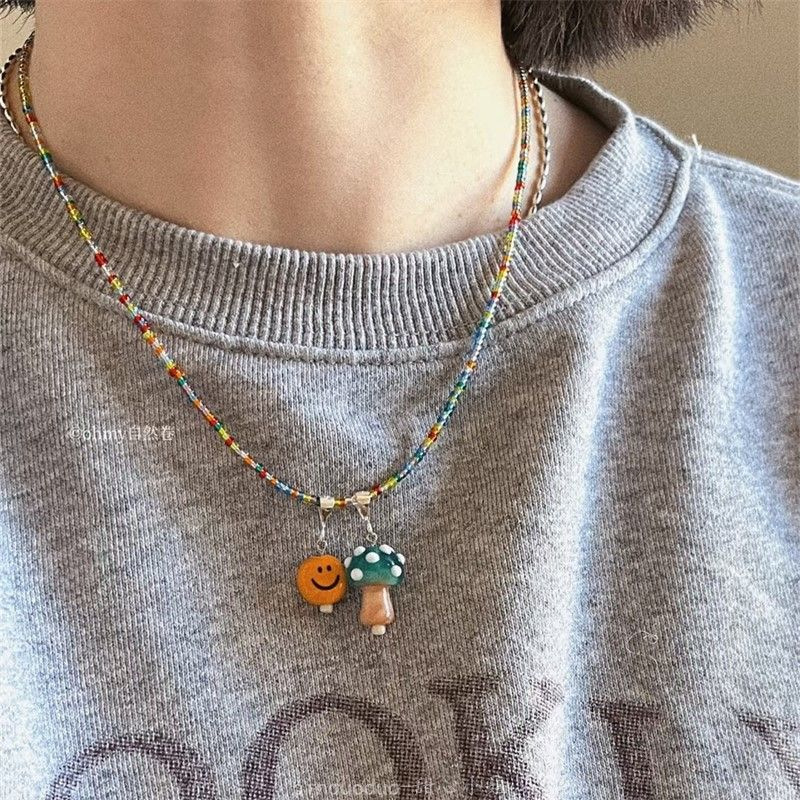 Rainbow Necklace Hand-made Small Mushroom Beaded Necklace Extremely Fine Free Match Autumn and Winter Dopamine Sweat Chain Wholesale