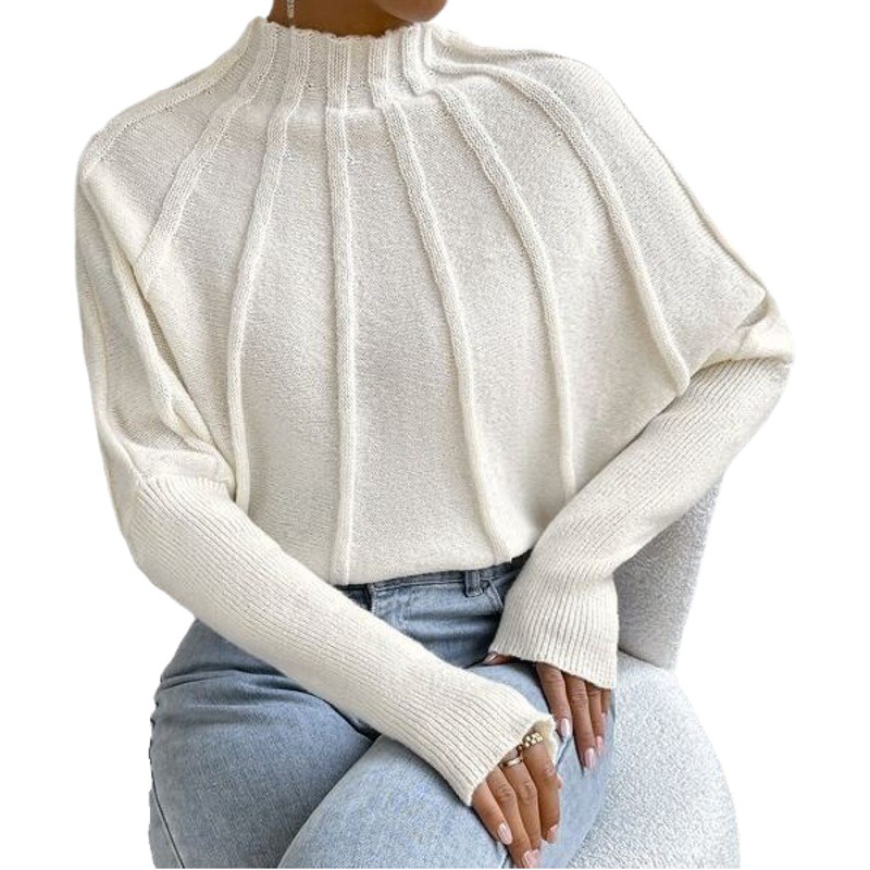 Europa y América transfronteriza Amazon medio cuello alto color sólido todo partido Jersey de punto Batwing manga suéter para las mujeres