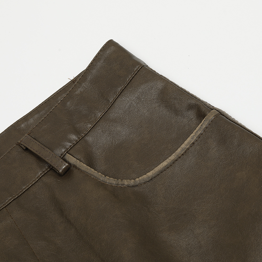 Leder-Cargohose mit mehreren Taschen für Herren im Rock-Style, Kniefalten-Design, gewaschener, gerader, lockerer Schnitt, weites Bein_voghion.com