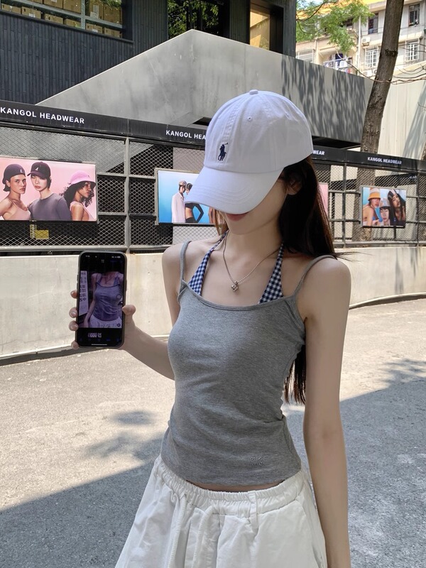 灰色假两件挂脖吊带背心女夏季外穿带胸垫辣妹风修身短款无袖上衣|undefined