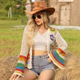 夏装彩色条纹钩花外套 宽松镂空针织开衫 波西米亚风祖母格度假衫