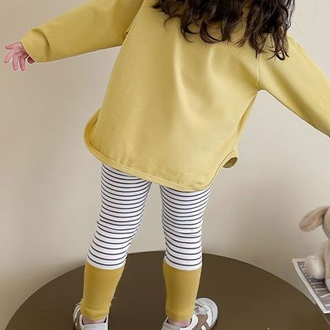 女小童春秋款卡通长袖T恤两件套洋气2025新款女宝宝条纹打底裤棉|undefined
