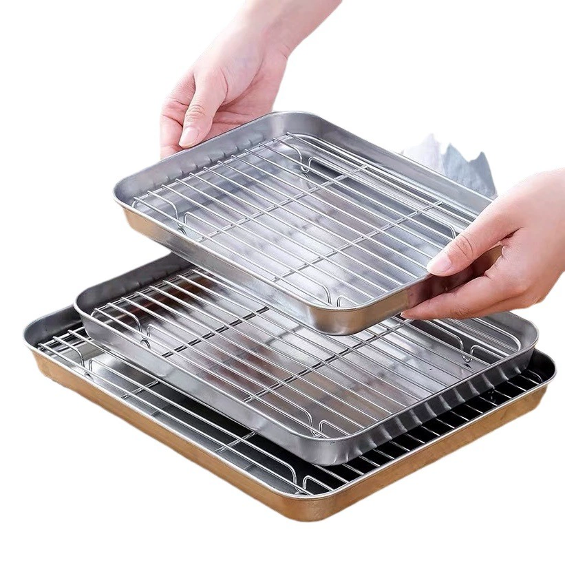 Прямоугольный поднос из пищевой нержавеющей стали 304, с плоским дном, для барбекю, с водоотводом, для завтрака, утолщенный и прочный